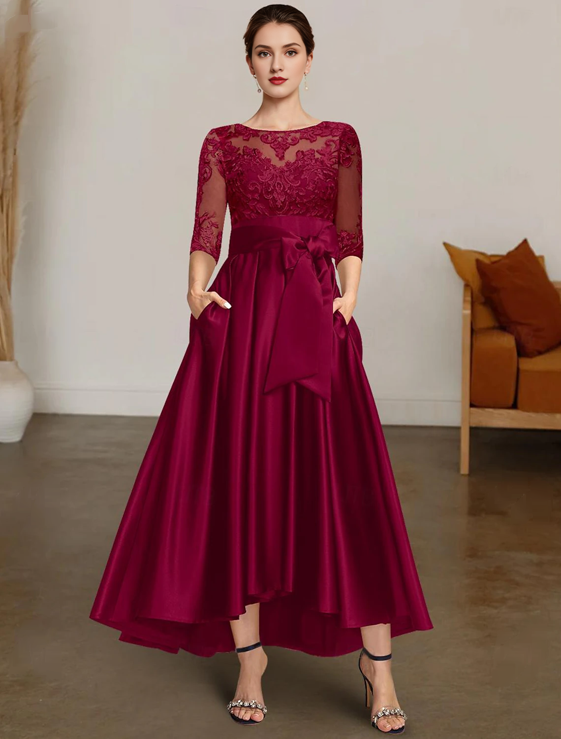 Vestido navideño de corte A para madre de la novia, vestido formal para invitada de boda, elegante, escote barco alto bajo, encaje de satén asimétrico, manga 3/4 con faja de encaje/cinta, talla personalizada gratuita